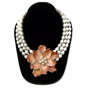 3 Strand White Ringed Freshwater Pearl Orange Flower Necklace