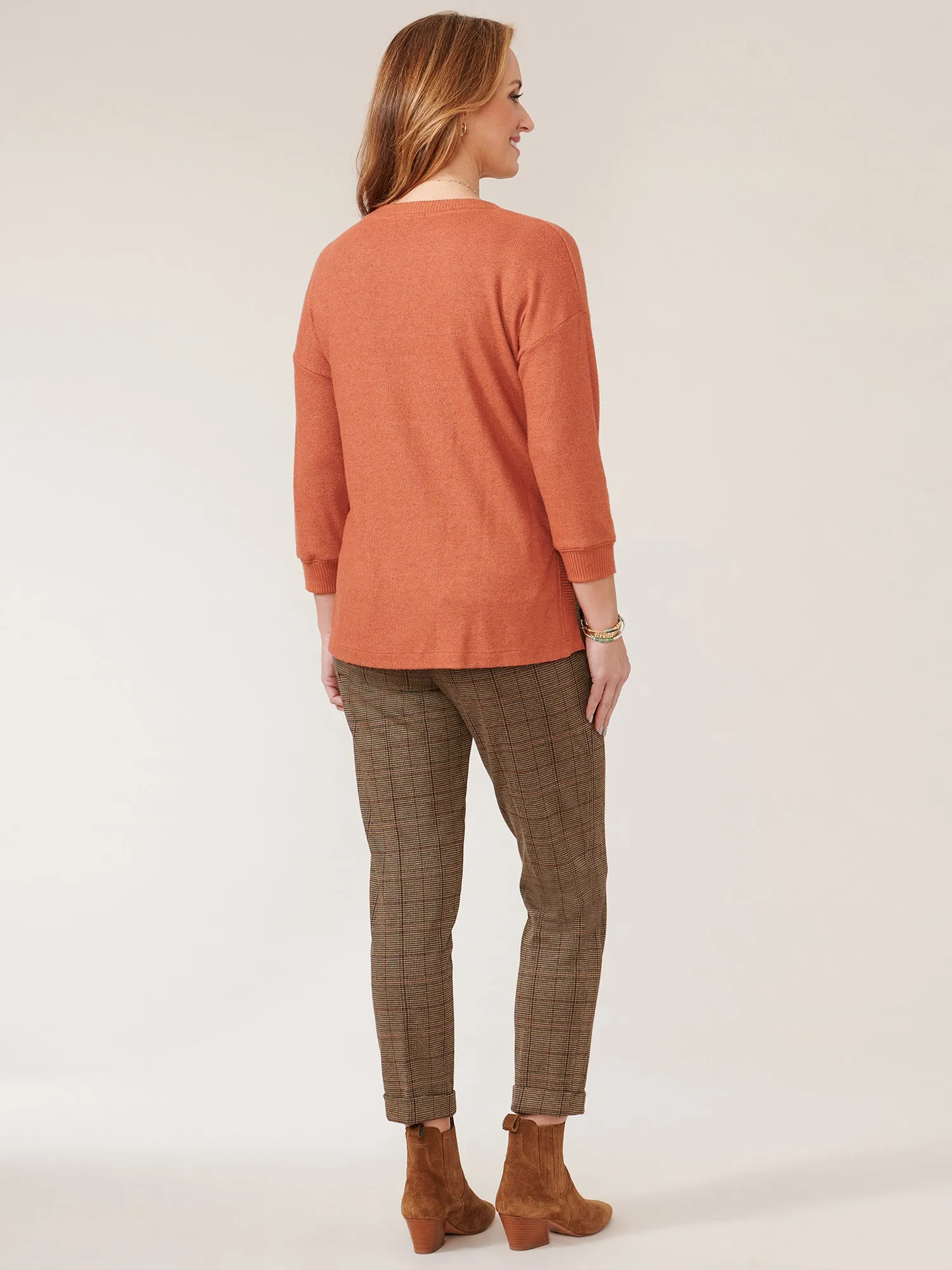 3/4 Sleeve Boat Neck Embroidered Star Knit Top