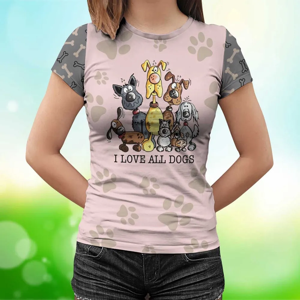 3D Dog T Shirts, I Love All Dogs All Over Print T-Shirt, Gift For Pet Loves