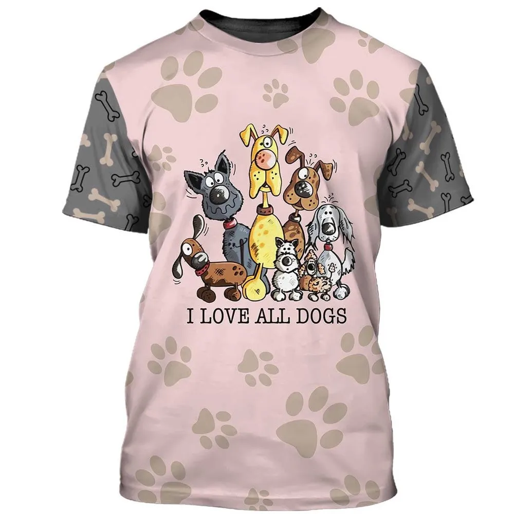 3D Dog T Shirts, I Love All Dogs All Over Print T-Shirt, Gift For Pet Loves