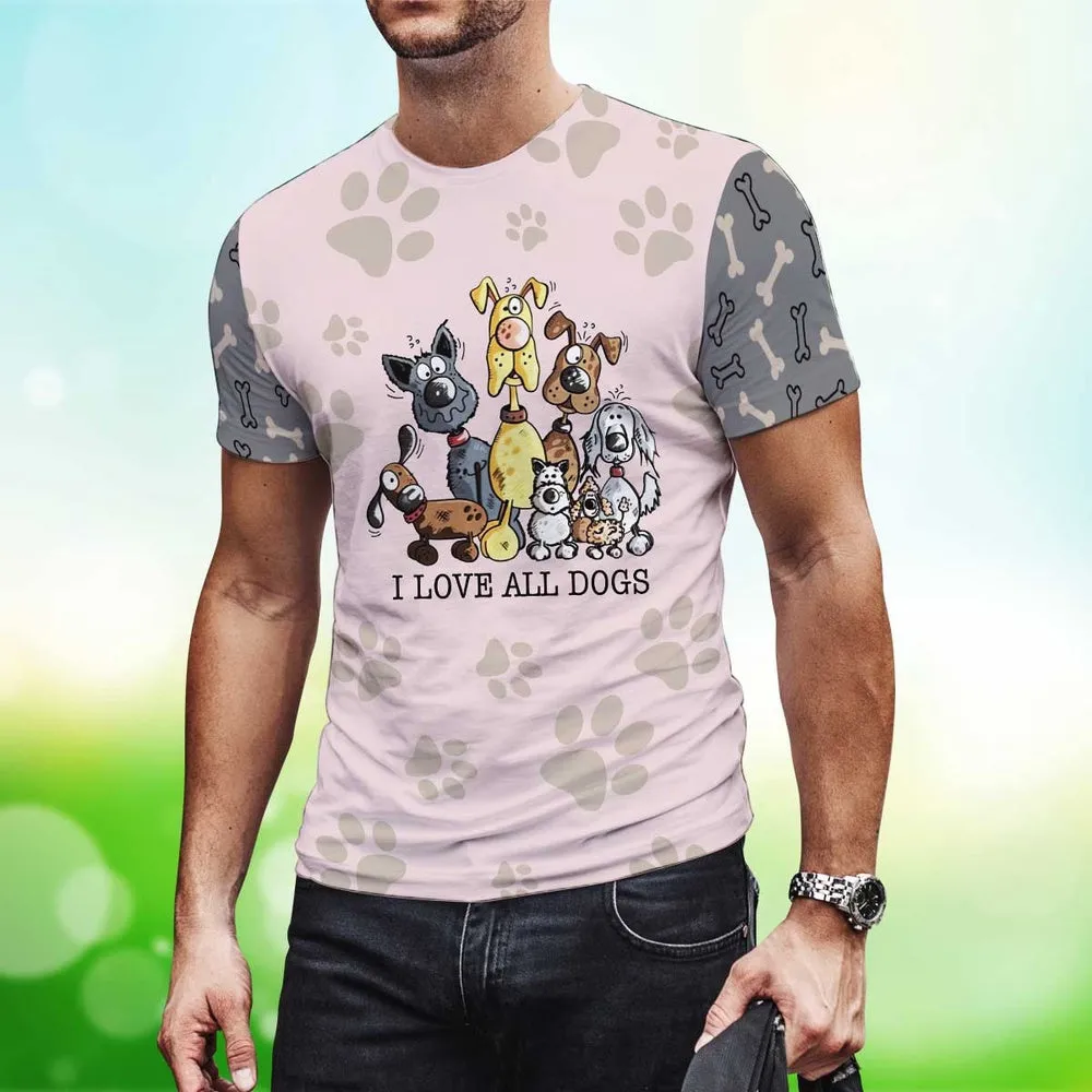3D Dog T Shirts, I Love All Dogs All Over Print T-Shirt, Gift For Pet Loves