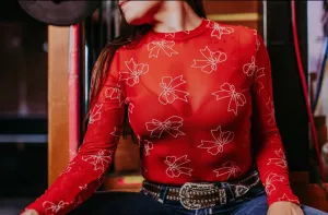 3D Red Bow LS Mesh Top
