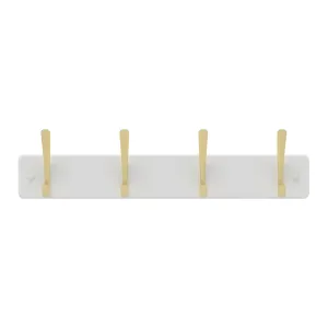 4 Brushed Brass Hooks on White Board Hook Rack