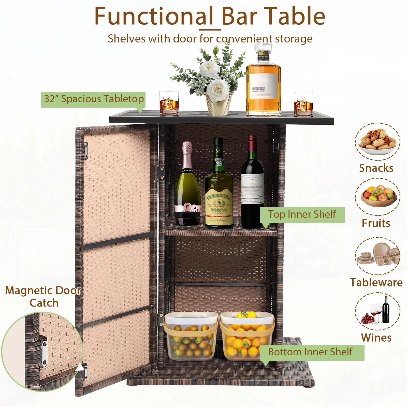 5-Piece Garden Bar Set with 2 Storage Shelves and Cushions-White