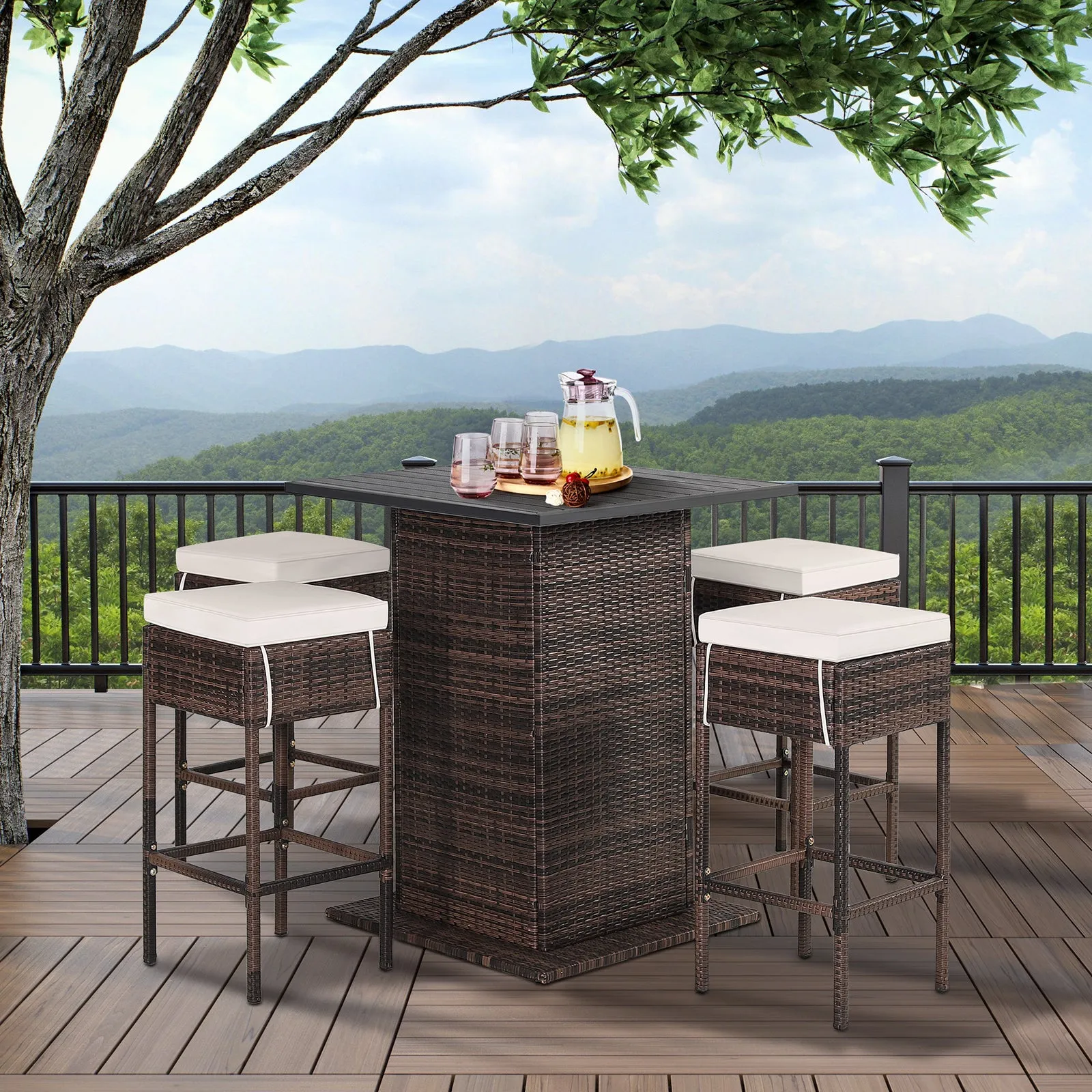 5-Piece Garden Bar Set with 2 Storage Shelves and Cushions-White