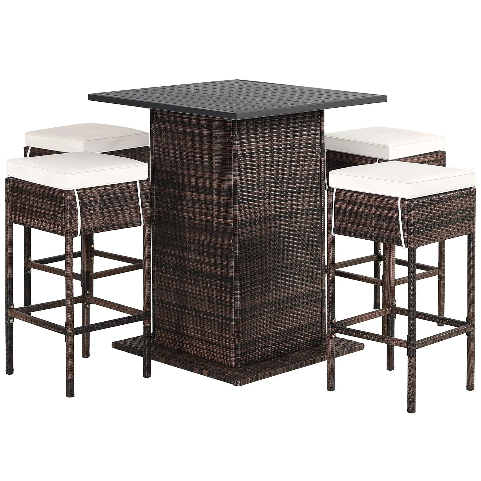 5-Piece Garden Bar Set with 2 Storage Shelves and Cushions-White