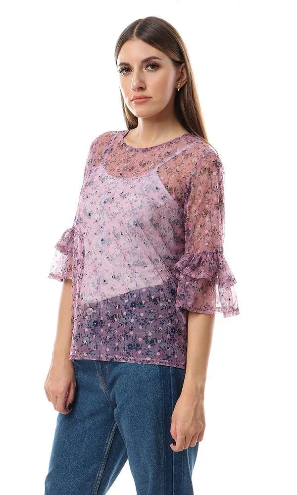 57710 Cheer Bell Sleeves Floral Mauve Bloue