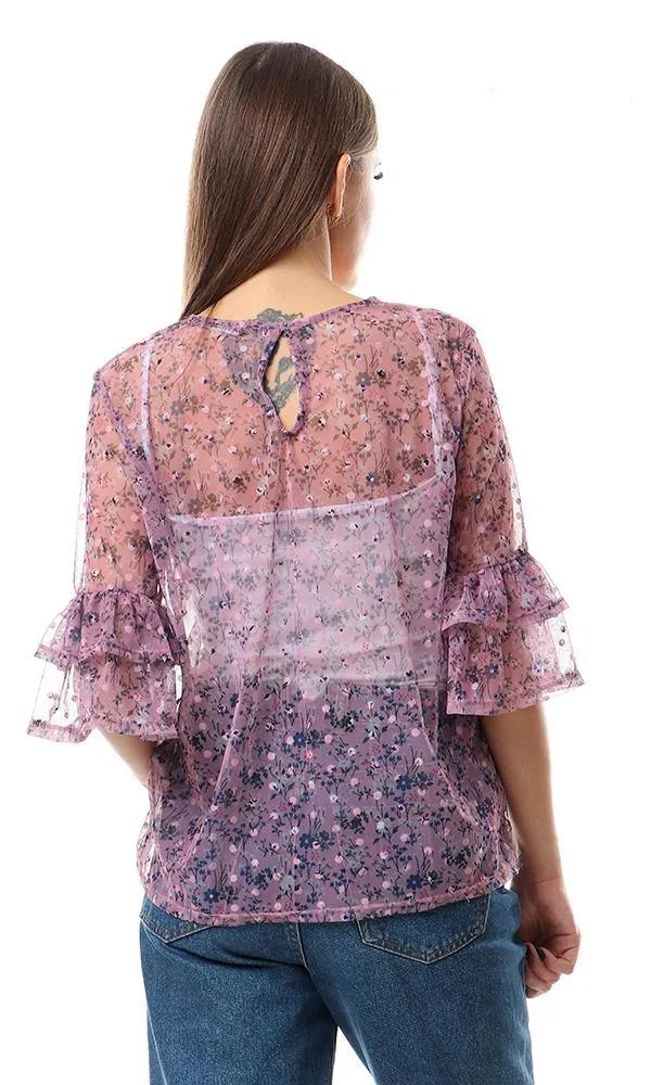 57710 Cheer Bell Sleeves Floral Mauve Bloue
