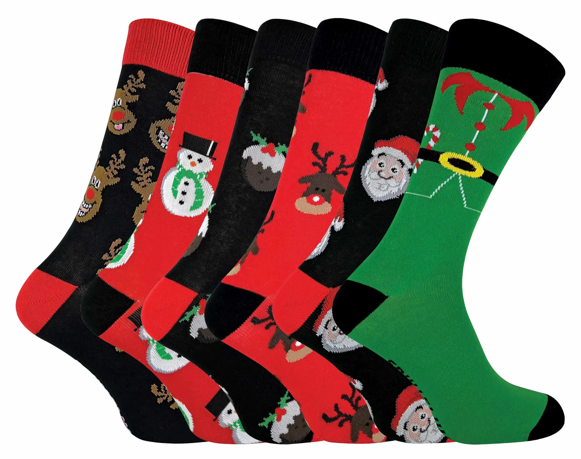 6 Pairs of Men's Novelty Cotton Christmas Socks - Fun, Festive Designs - Comfortable Holiday Multipack