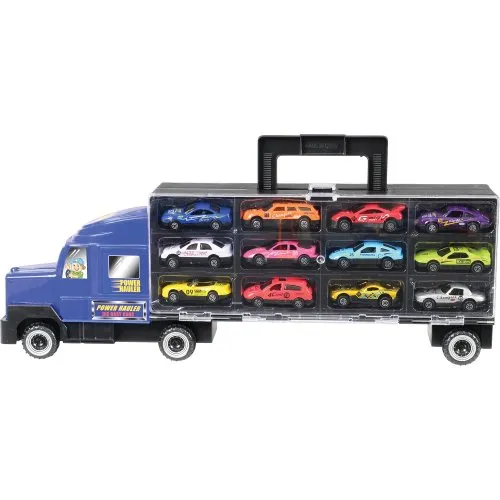 6-Wheel Transport Car Carrier with 12 Die-Cast Vehicles | Easy-Grip Handle & 24 Car Slots