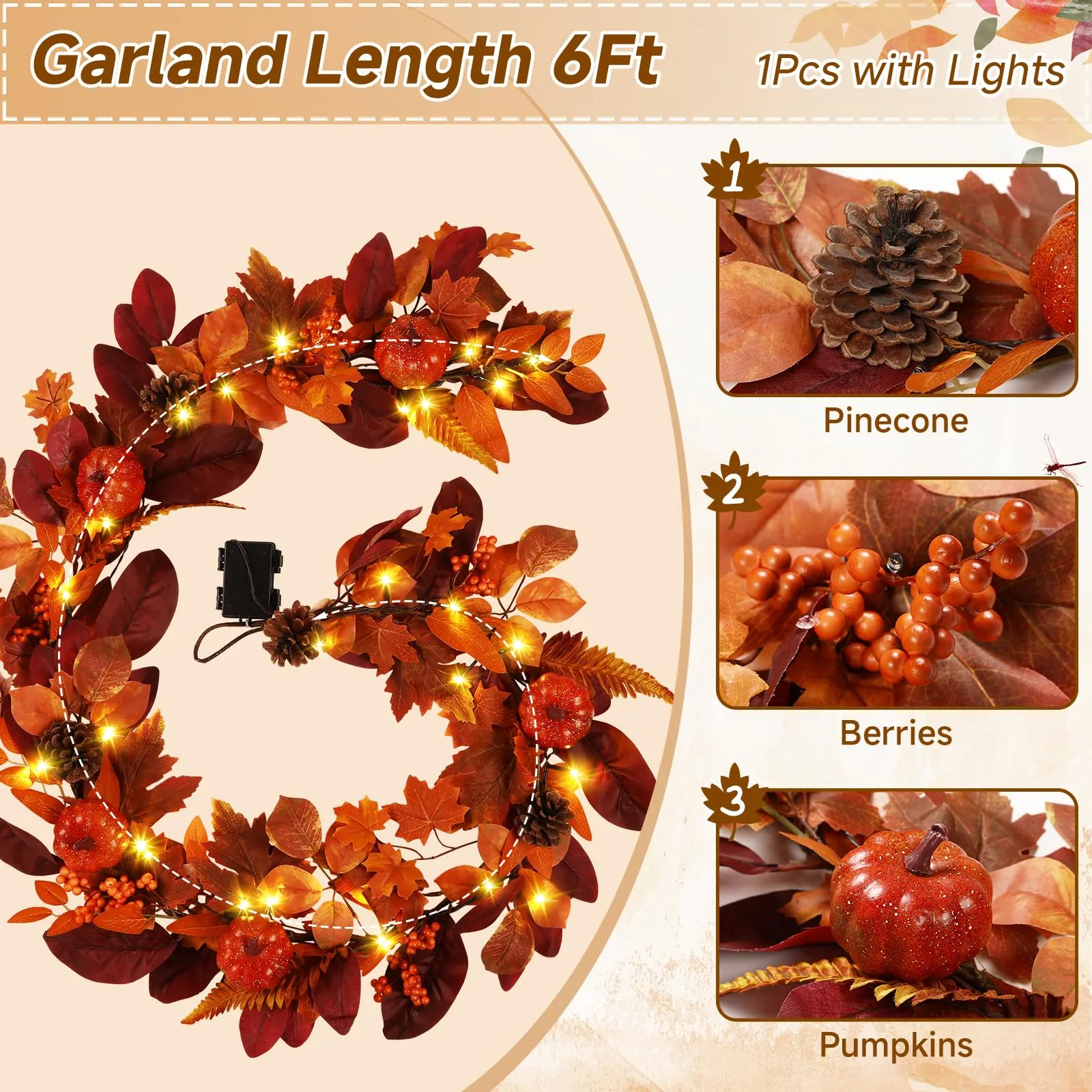 6FT Prelit 30 Warm White & Orange LED Lights Autumn Pumpkin & Maple Leaves Garland