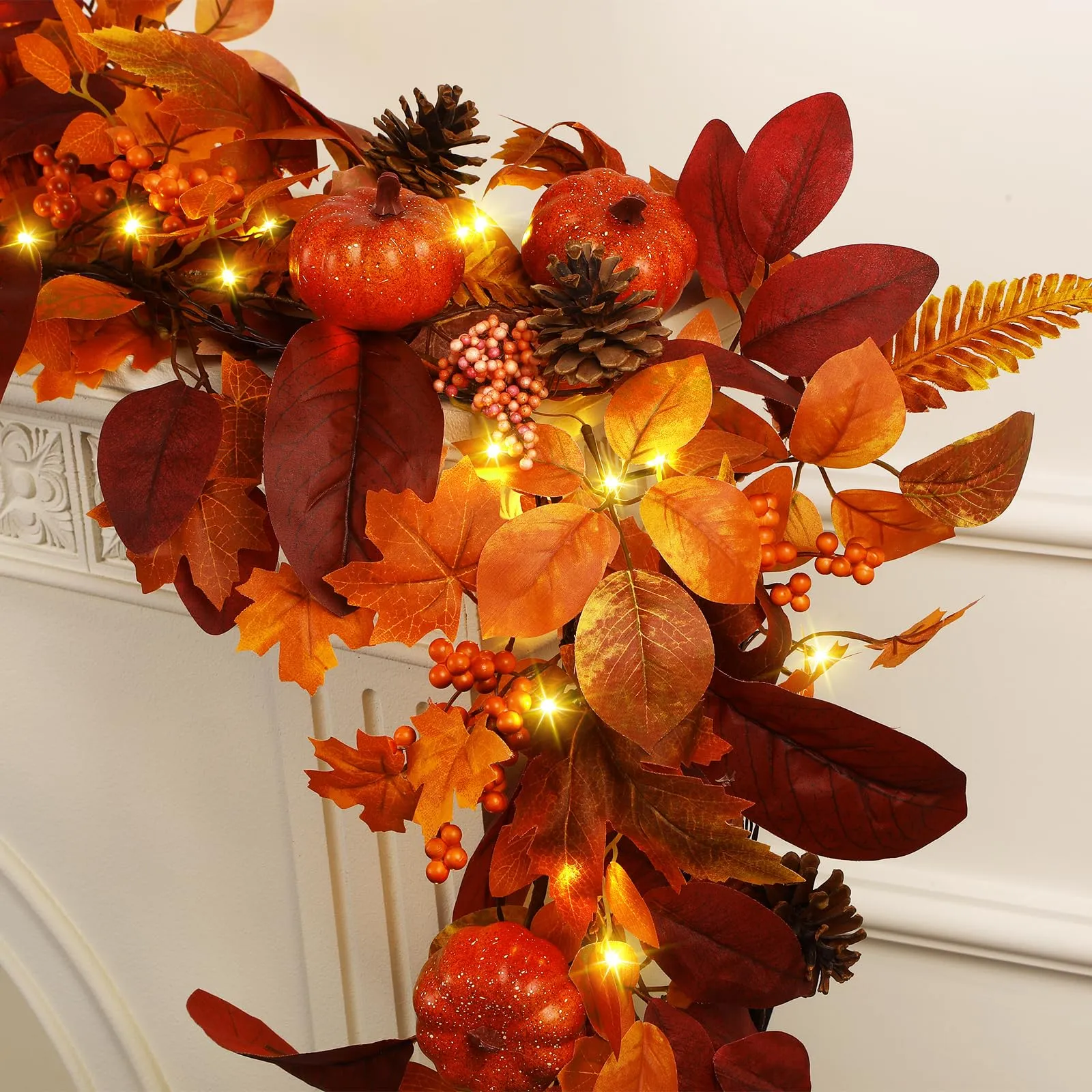 6FT Prelit 30 Warm White & Orange LED Lights Autumn Pumpkin & Maple Leaves Garland