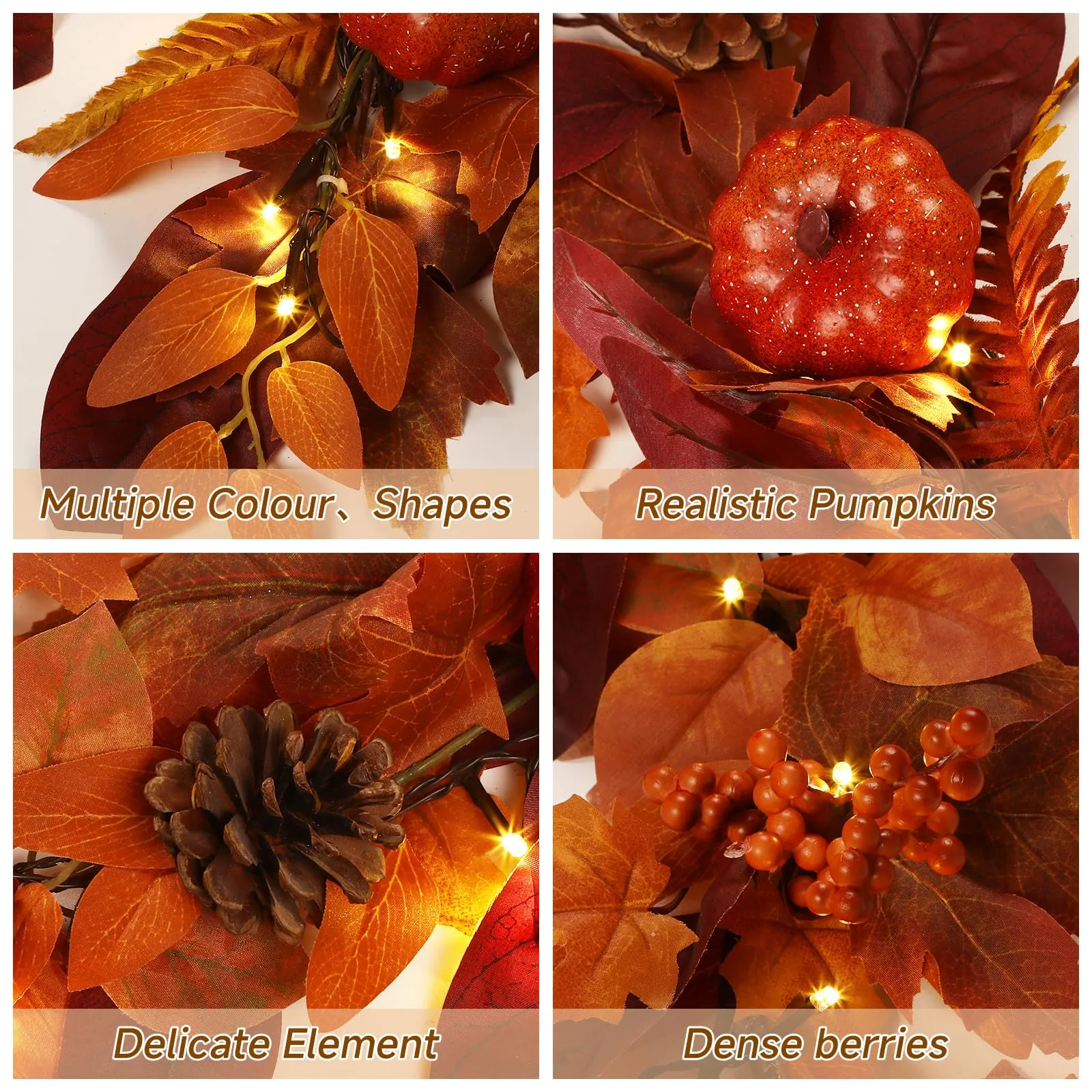 6FT Prelit 30 Warm White & Orange LED Lights Autumn Pumpkin & Maple Leaves Garland