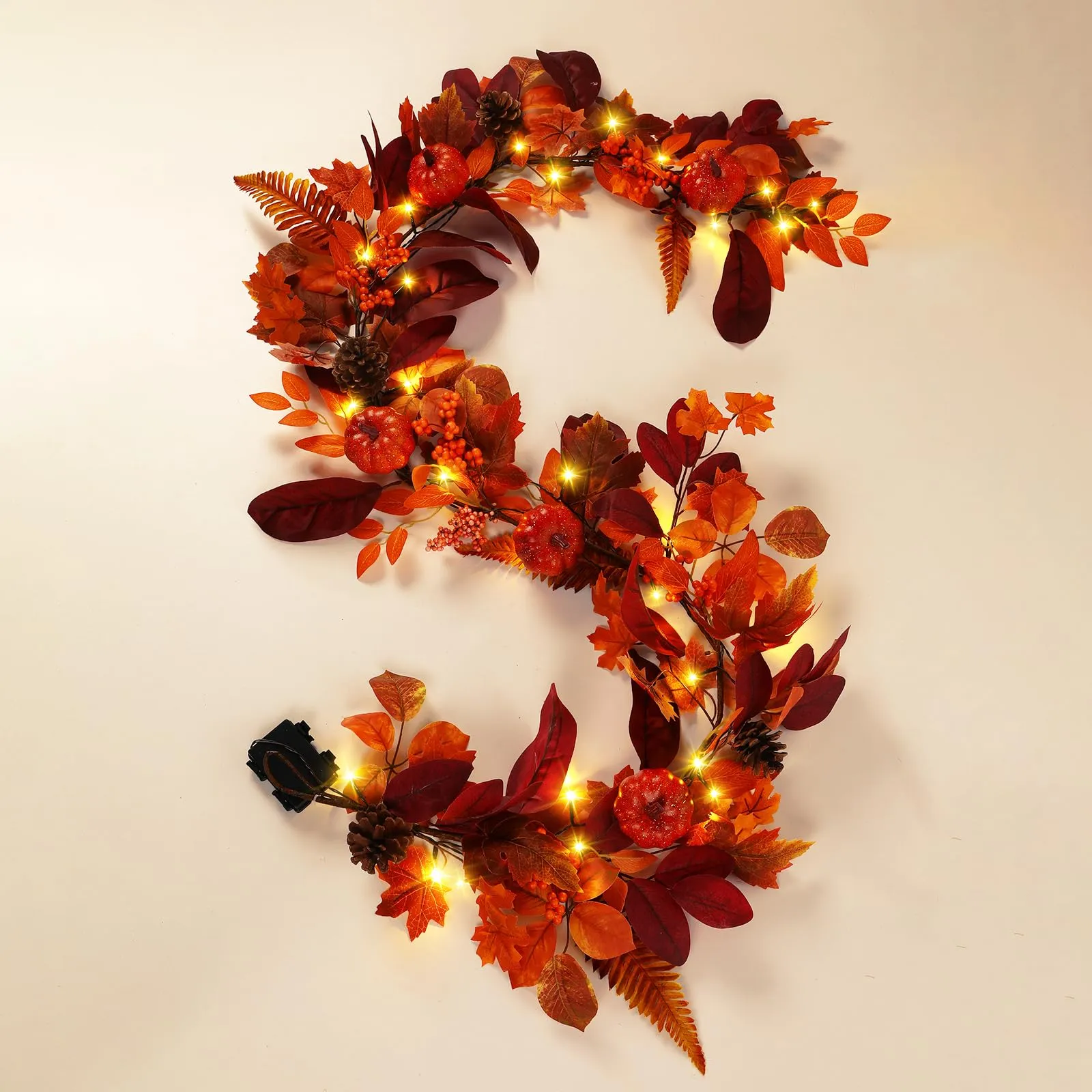 6FT Prelit 30 Warm White & Orange LED Lights Autumn Pumpkin & Maple Leaves Garland