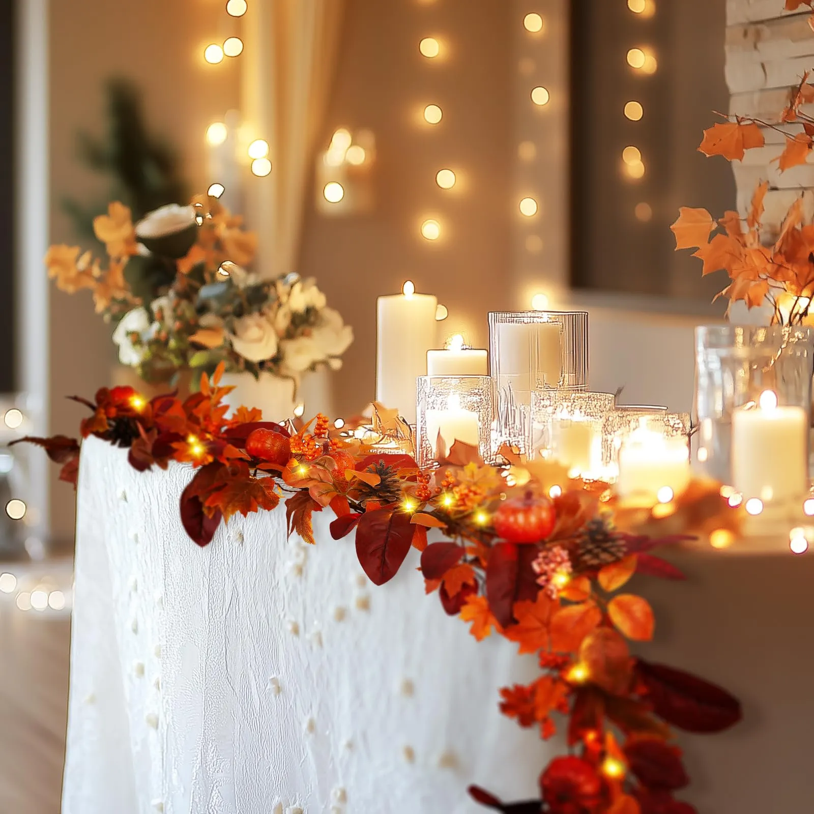 6FT Prelit 30 Warm White & Orange LED Lights Autumn Pumpkin & Maple Leaves Garland
