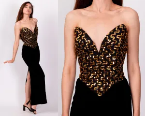 80s 90s Gunne Sax Black Velvet & Gold Sequin Gown - Extra Small