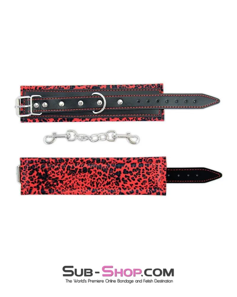 8799MQ      Red Leopard Padded Ankle Bondage Cuffs with Chain Connection - LAST CHANCE - Final Closeout!