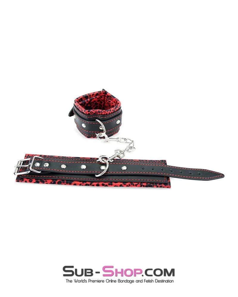 8799MQ      Red Leopard Padded Ankle Bondage Cuffs with Chain Connection - LAST CHANCE - Final Closeout!