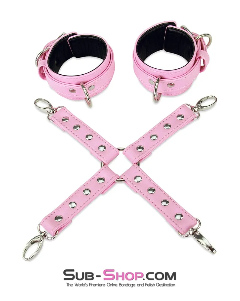 9945M-SIS      Pink Padded Sissy Boi Bondage Belt, Feminization Sissy Maid Thigh Cuffs, Wrist Cuffs and Connector Strap