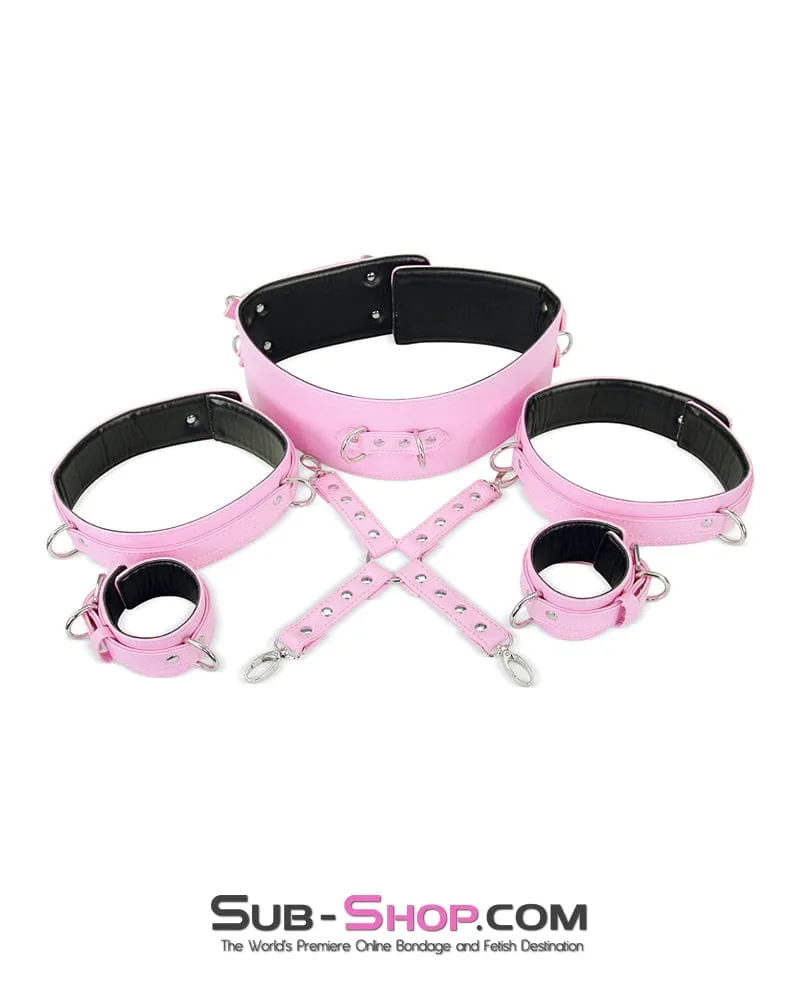 9945M-SIS      Pink Padded Sissy Boi Bondage Belt, Feminization Sissy Maid Thigh Cuffs, Wrist Cuffs and Connector Strap