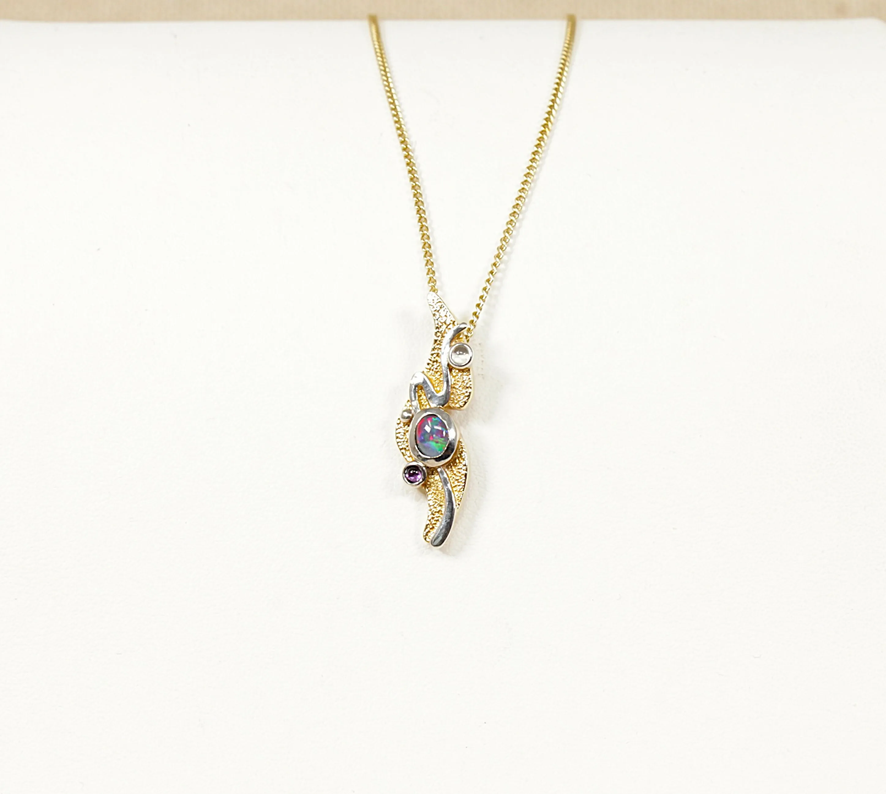 9ct Gold Black Opal Pendant with Moonstone and Amethyst