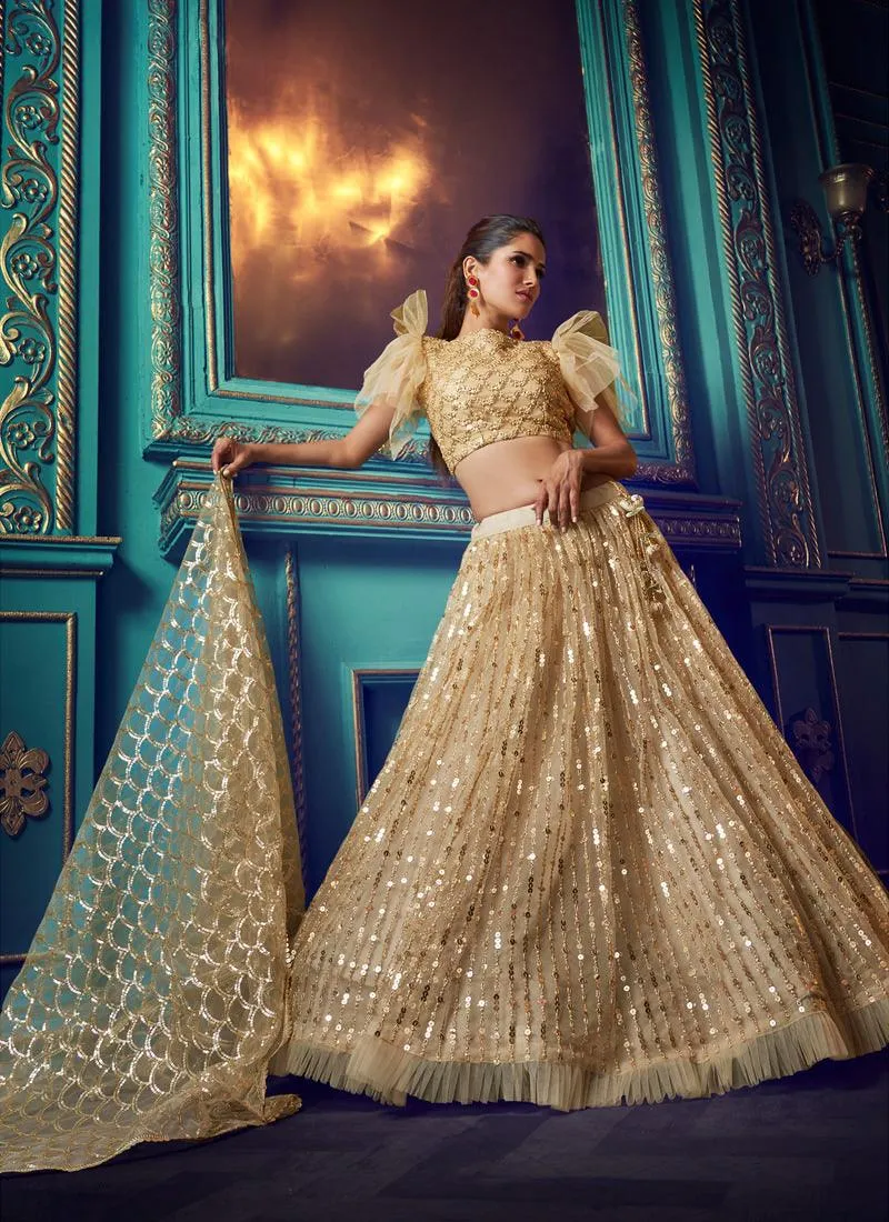 Admirable Beige Colored Soft Net Sequin And Zari Work Lehenga Choli
