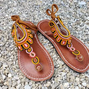 African Beaded Leather Sandals:  EU 36 ( US 5-6 )  Bright, Bold Patterns