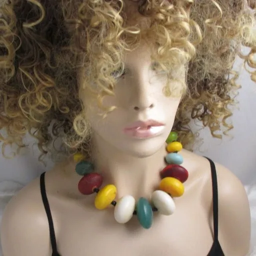 African Inspired Trade Bead Statement Necklace Multi-colored Beads