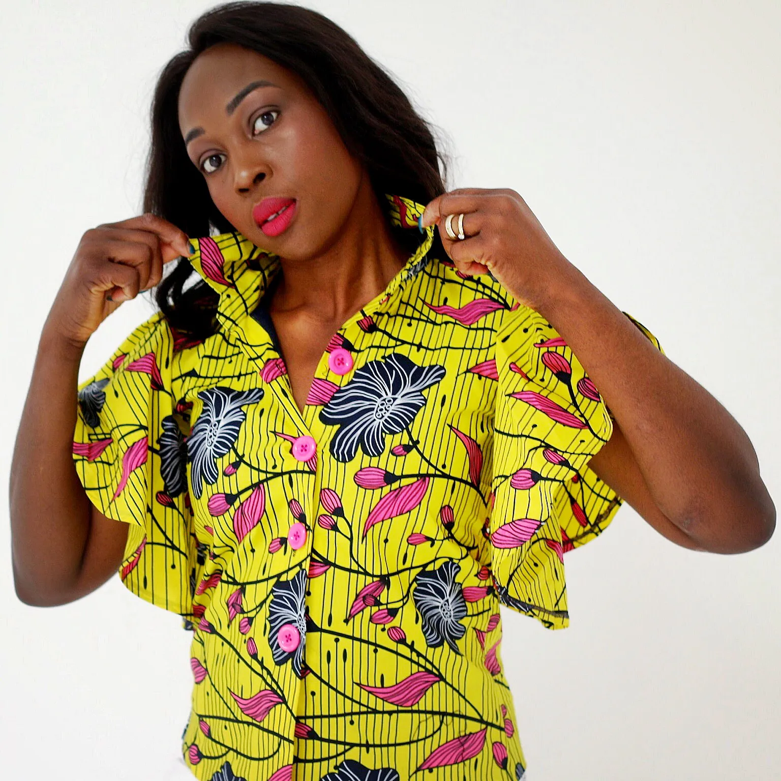 African Print Flare Sleeve Ankara Collar Shirts - Yellow
