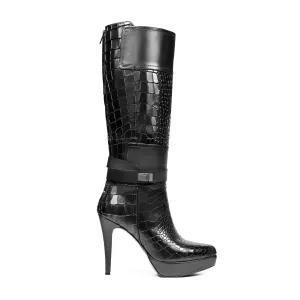 Agueda - Ladies Black Printed Crocodile Calf Leather Long Boot