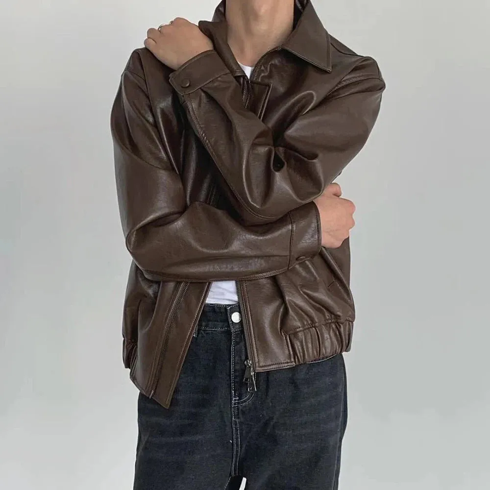 Aidase Mens Autumn And Winter Retro Leather Casual Loose Short Leather Jacket Men'S Handsome And Elegant British Jacket Tops