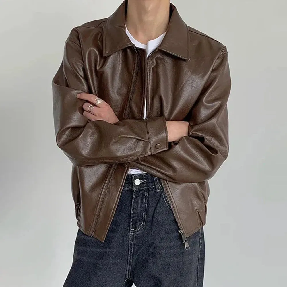 Aidase Mens Autumn And Winter Retro Leather Casual Loose Short Leather Jacket Men'S Handsome And Elegant British Jacket Tops