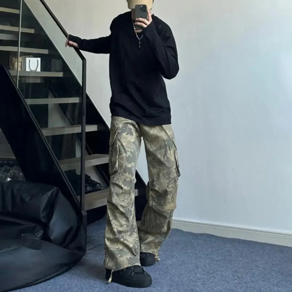 Aidase Mens Y2k American Retro Pocket Camouflage Straight Pants Genderless Trendy Hip-Hop Workwear Style Loose Wide-Leg Pants Unisex