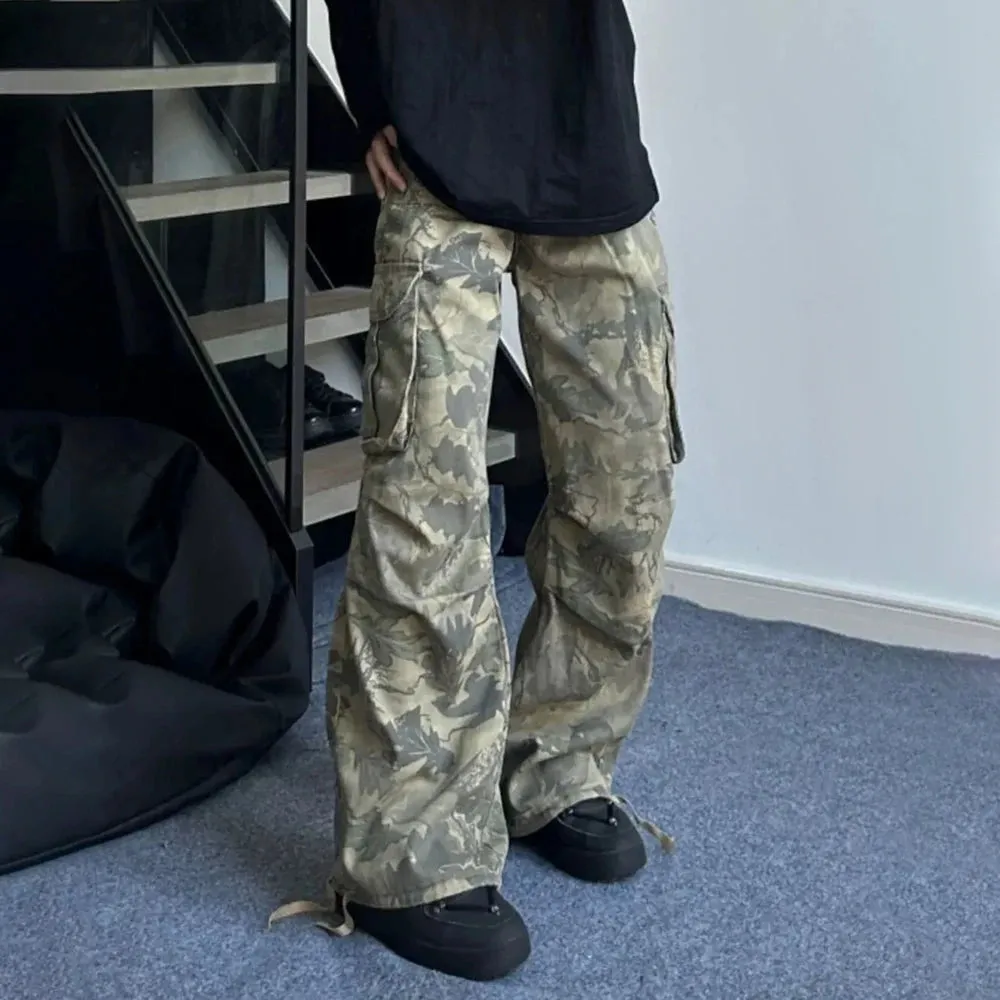 Aidase Mens Y2k American Retro Pocket Camouflage Straight Pants Genderless Trendy Hip-Hop Workwear Style Loose Wide-Leg Pants Unisex