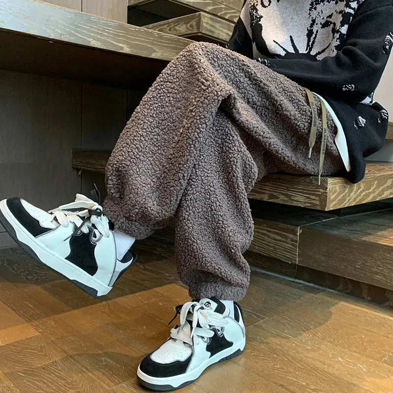 Aidase Winter Thickened Pants Men Warm Fashion Retro Lamb Wool Pants Men Oversized Streetwear Loose Straight Pants Mens Thick Trousers