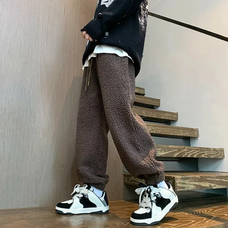 Aidase Winter Thickened Pants Men Warm Fashion Retro Lamb Wool Pants Men Oversized Streetwear Loose Straight Pants Mens Thick Trousers