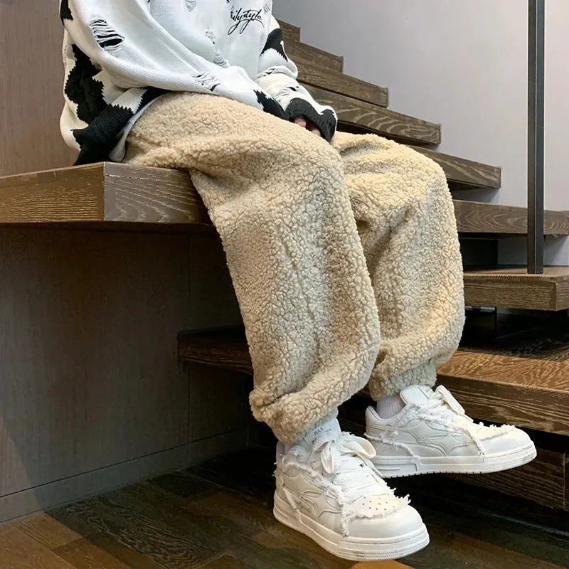 Aidase Winter Thickened Pants Men Warm Fashion Retro Lamb Wool Pants Men Oversized Streetwear Loose Straight Pants Mens Thick Trousers