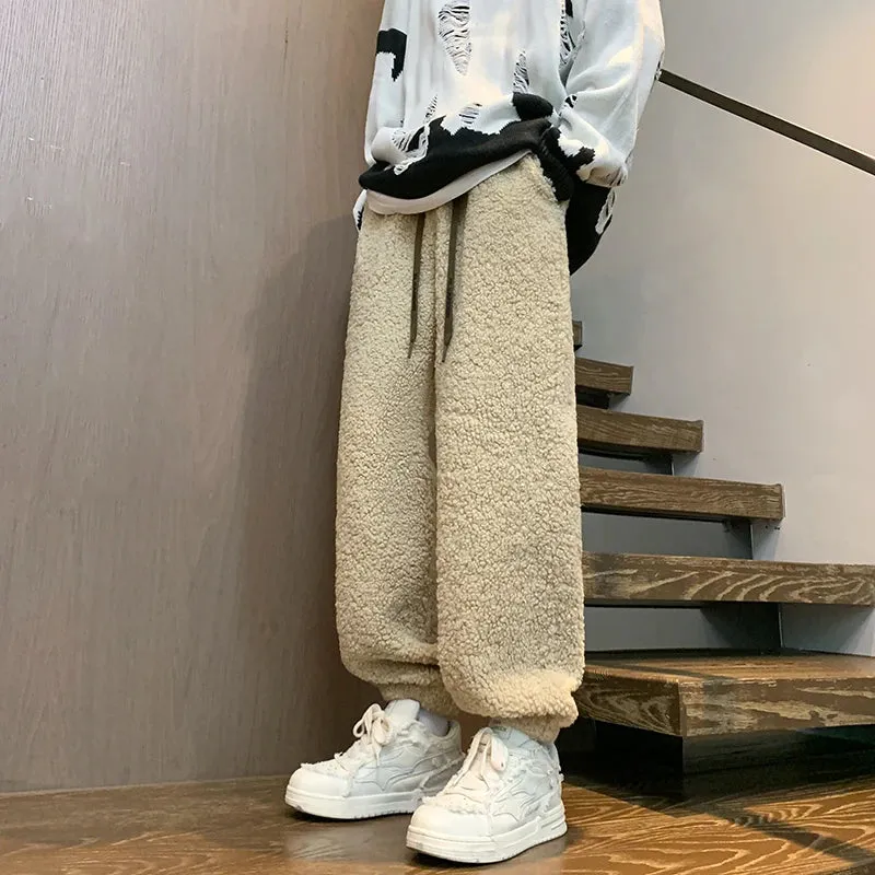 Aidase Winter Thickened Pants Men Warm Fashion Retro Lamb Wool Pants Men Oversized Streetwear Loose Straight Pants Mens Thick Trousers
