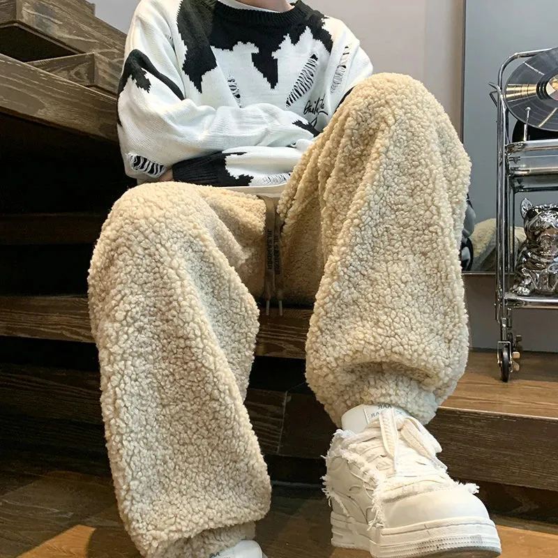 Aidase Winter Thickened Pants Men Warm Fashion Retro Lamb Wool Pants Men Oversized Streetwear Loose Straight Pants Mens Thick Trousers