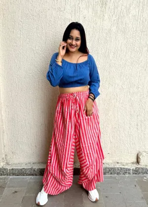 Amani Cowl Handloom Cotton Pants With Elastic- Red