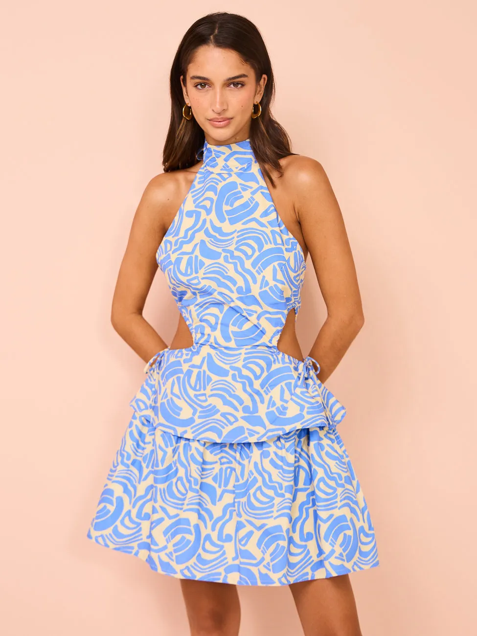 Ambra Maddalena Aurora Halter Neck Mini Dress in Blue Swirl