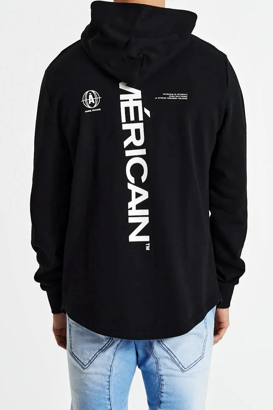 AMERICAIN Mens Testeur Dual Curved Hem Hoodie Jet Black