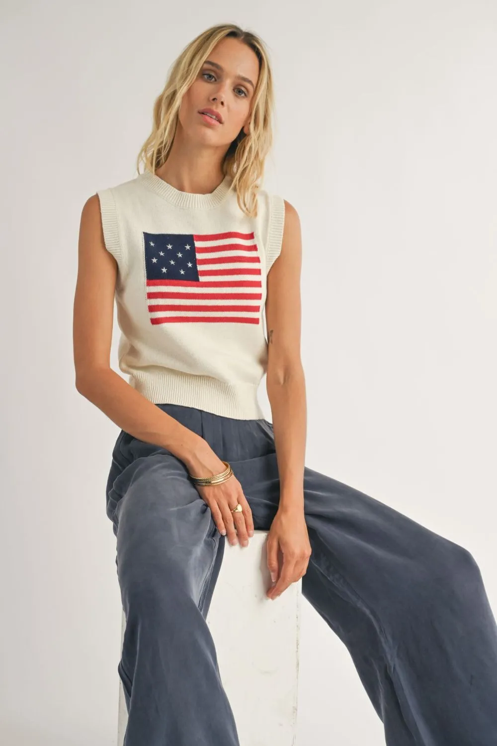 American Flag 90's Sweater Vest Tank Top | Ivory