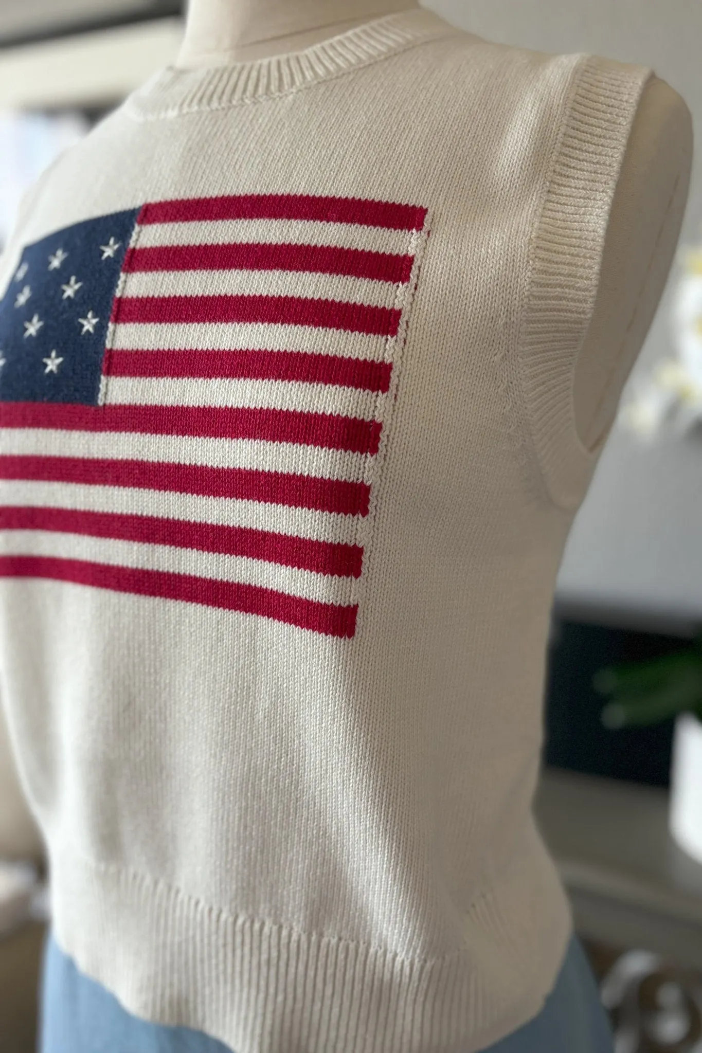 American Flag 90's Sweater Vest Tank Top | Ivory