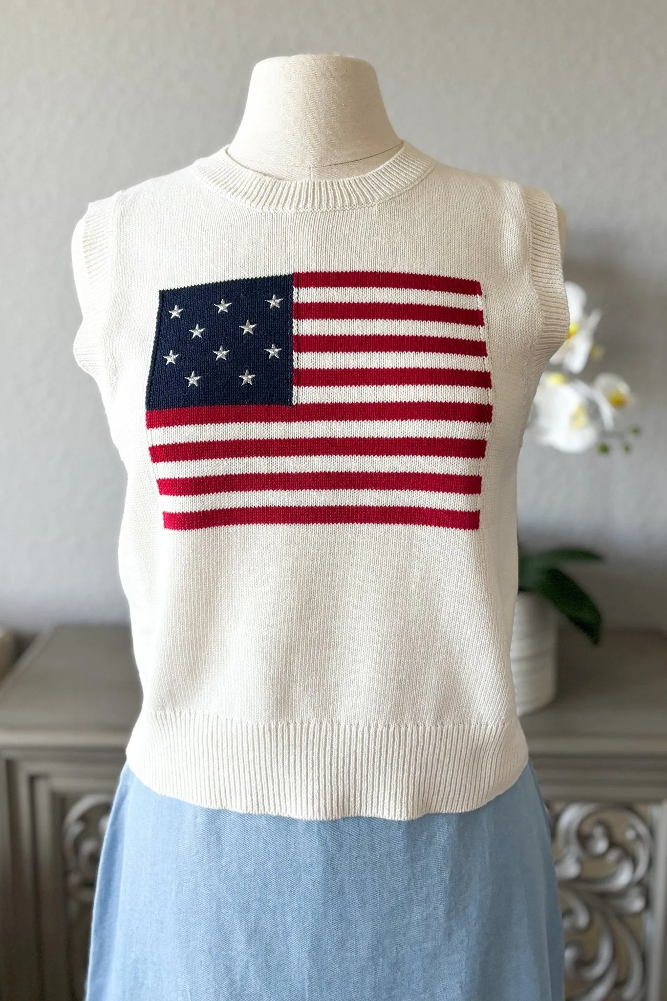 American Flag 90's Sweater Vest Tank Top | Ivory