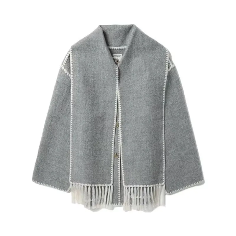 American New Fashion Woolen Coat Thickened Loose with Scarf Tassel Women's Style