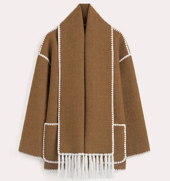American New Fashion Woolen Coat Thickened Loose with Scarf Tassel Women's Style