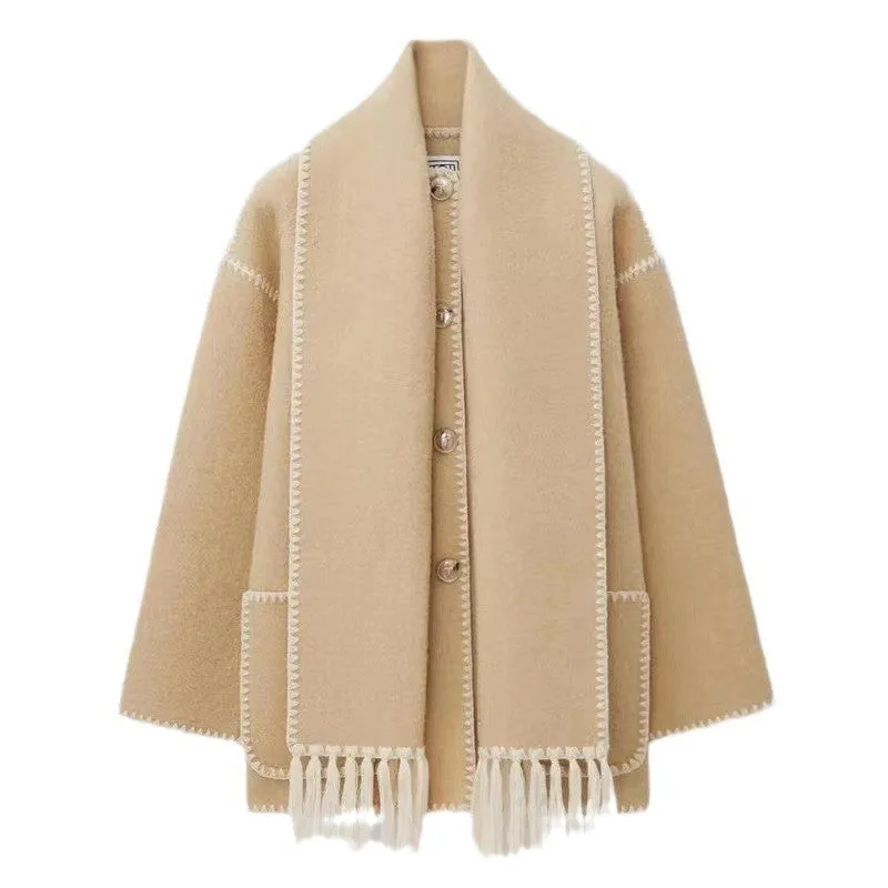 American New Fashion Woolen Coat Thickened Loose with Scarf Tassel Women's Style