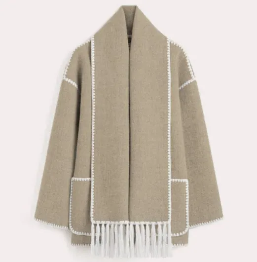 American New Fashion Woolen Coat Thickened Loose with Scarf Tassel Women's Style