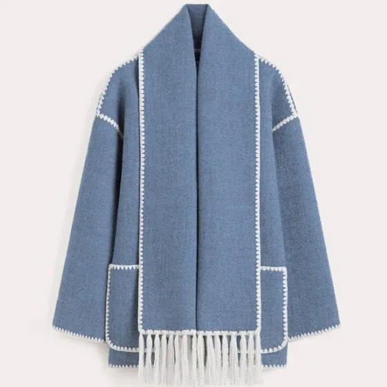 American New Fashion Woolen Coat Thickened Loose with Scarf Tassel Women's Style